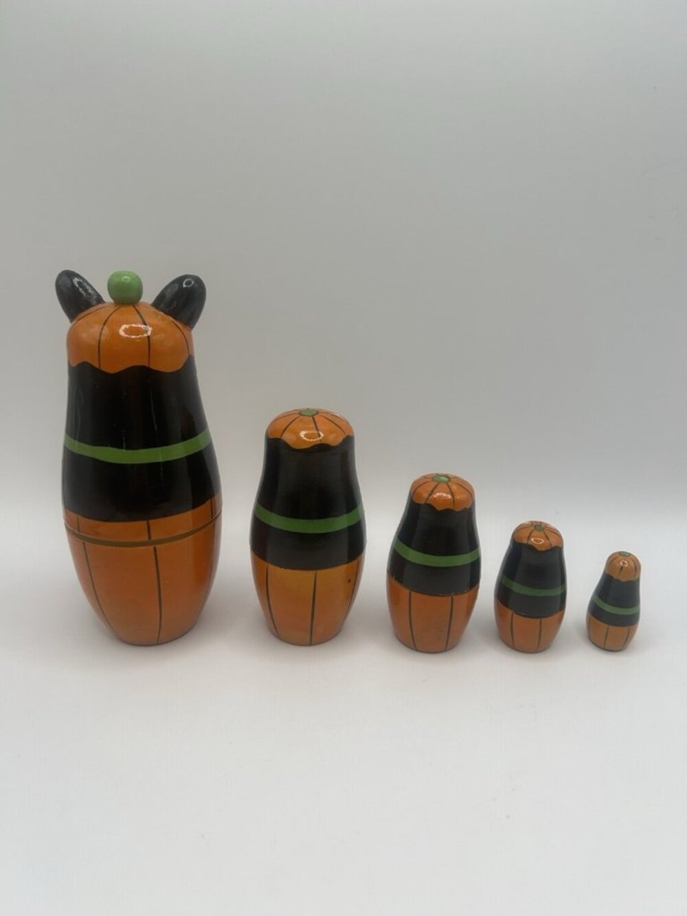 Halloween Kitty Cat Pumpkin Hand-Painted Wood Stacking Nesting Dolls Five Vtg - Picture 7 of 16